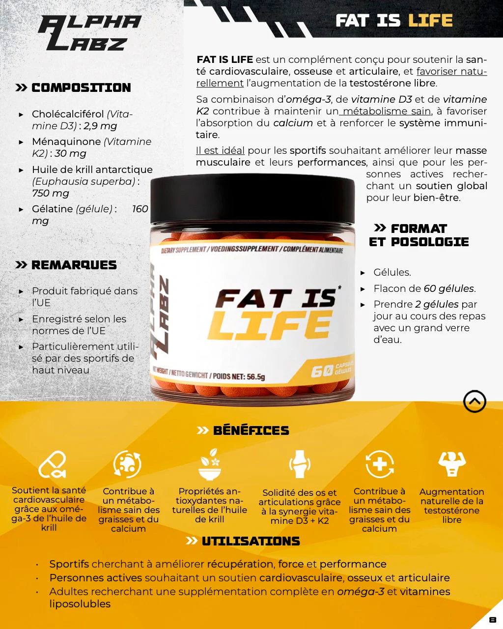 ALPHA LABZ | FAT IS LIFE Omega 3 Huile de Krill, Vitamine K2 MK4 et Vitamine D3