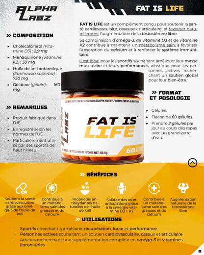 ALPHA LABZ | FAT IS LIFE Omega 3 Huile de Krill, Vitamine K2 MK4 et Vitamine D3